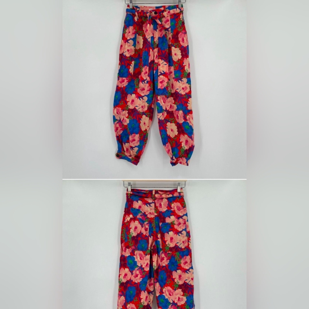 Zara Women's Red Blue Tropical Jogger Pants Tie Waist Pockets XS